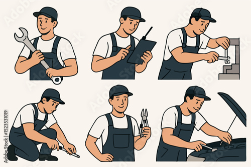 Vector Set Mechanic at Work: A set of illustrations showing a diverse mechanic in a variety of automotive repair scenarios. Each depicts skilled technician meticulously working on vehicles