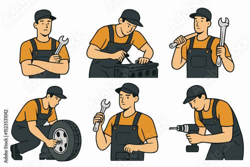 Vector Set Mechanic at Work: A set of illustrations showing a diverse mechanic in a variety of automotive repair scenarios. Each depicts skilled technician meticulously working on vehicles