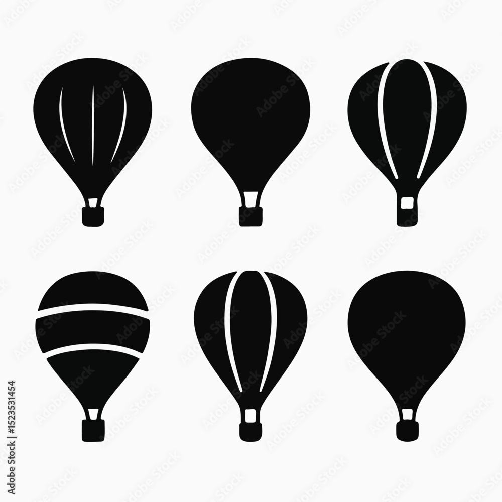 Vector Set Air Balloon Silhouettes: A collection of six distinct air balloon silhouettes, showcasing variations in shape and design, ideal for branding, travel, and adventure themes. Vector Set Air Balloon Silhouettes: A collection of six distinct air balloon silhouettes, showcasing variations in shape and design, ideal for branding, travel, and adventure themes.