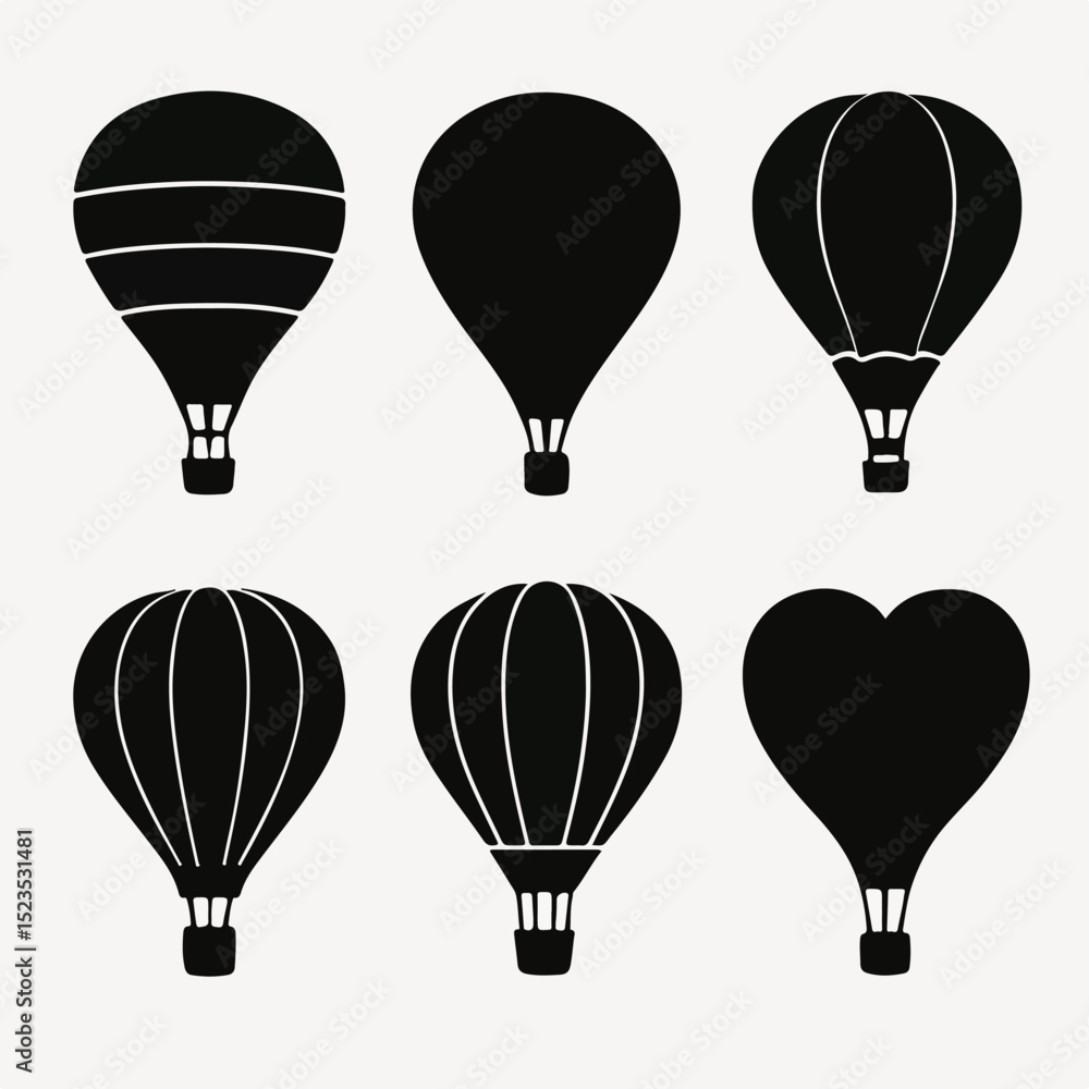 Obraz premium Vector Set Air Balloon Silhouettes: A collection of six distinct air balloon silhouettes, showcasing variations in shape and design, ideal for branding, travel, and adventure themes.