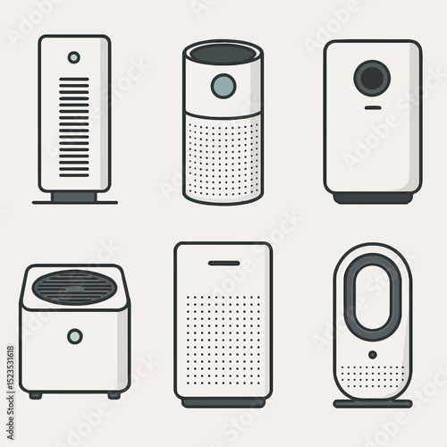 Vector Set Modern Air Purifiers: A stylish assortment of air purifiers, showcasing their sleek designs and innovative technology designed to purify air and improve indoor environments.