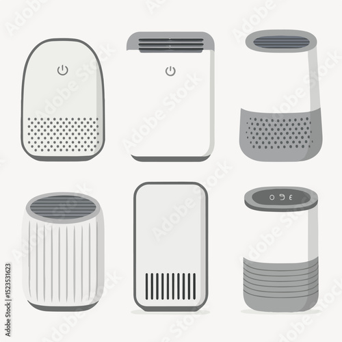 Vector Set Modern Air Purifiers: A stylish assortment of air purifiers, showcasing their sleek designs and innovative technology designed to purify air and improve indoor environments.