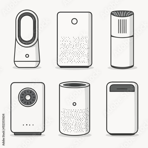 Vector Set Modern Air Purifiers: A stylish assortment of air purifiers, showcasing their sleek designs and innovative technology designed to purify air and improve indoor environments.