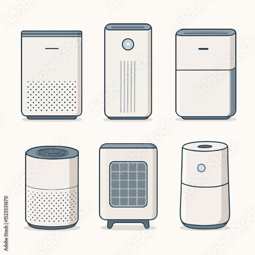 Vector Set Modern Air Purifiers: A stylish assortment of air purifiers, showcasing their sleek designs and innovative technology designed to purify air and improve indoor environments.