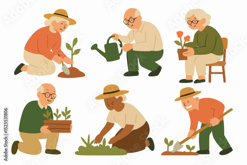 Vector Set Gardening with Care: A heartwarming illustration captures the simple joys of life as elderly individuals are engaged in the art of gardening, nurturing plants with love and patience.