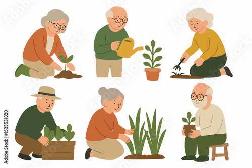 Vector Set Gardening with Care: A heartwarming illustration captures the simple joys of life as elderly individuals are engaged in the art of gardening, nurturing plants with love and patience.