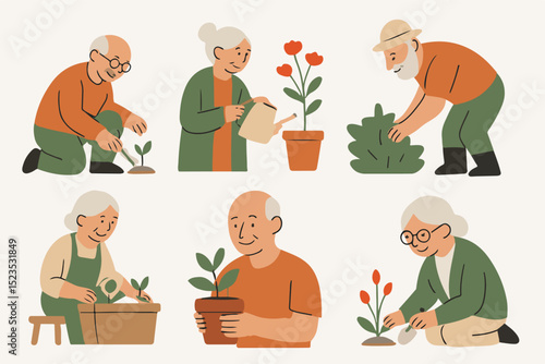 Vector Set Gardening with Care: A heartwarming illustration captures the simple joys of life as elderly individuals are engaged in the art of gardening, nurturing plants with love and patience.