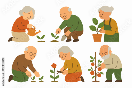 Vector Set Gardening with Care: A heartwarming illustration captures the simple joys of life as elderly individuals are engaged in the art of gardening, nurturing plants with love and patience.