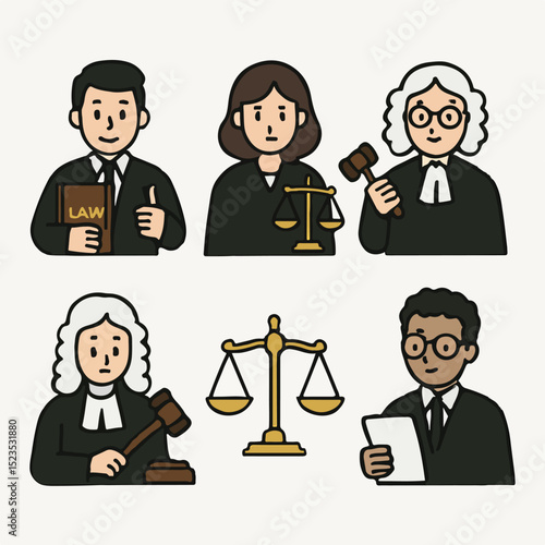 Vector Set of Lawyer and Judge Characters Justice System Vector