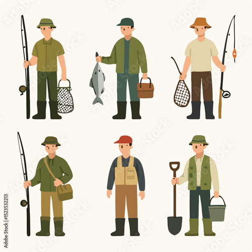 Vector Set of Fisherman Characters with Fishing Equipment Vector Illustration