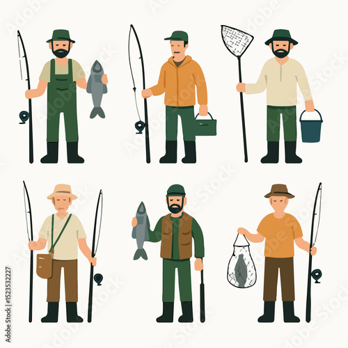 Vector Set of Fisherman Characters with Fishing Equipment Vector Illustration