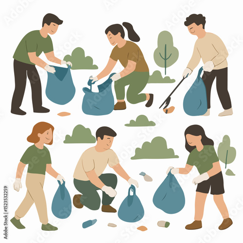 Vector Set Young person cleaning up trash in a park, contributing to a cleaner environment.
