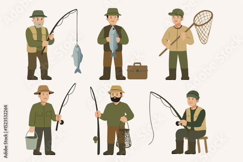 Vector Set of Fisherman Characters with Fishing Equipment Vector Illustration