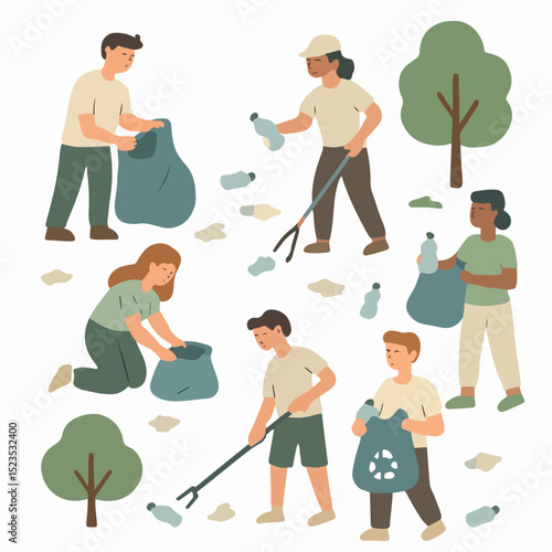 Vector Set Young person cleaning up trash in a park, contributing to a cleaner environment.
