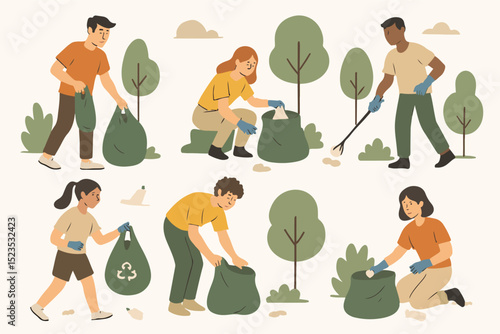 Vector Set Young person cleaning up trash in a park, contributing to a cleaner environment.
