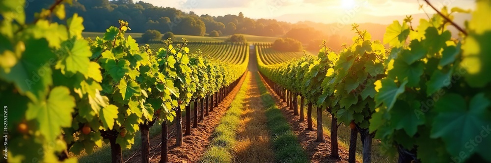 Fototapeta premium Sun-drenched rows of grape vines stretching to the horizon, lush green foliage heavy with ripening fruit, a picturesque vineyard landscape , country, wine tourism