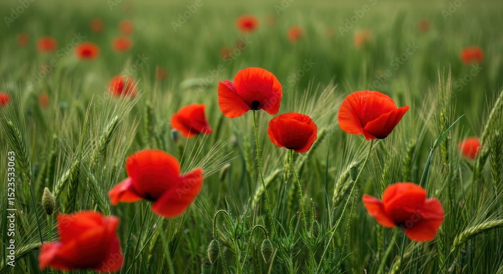 Fototapeta premium Vibrant display of red poppies dancing amidst a sea of swaying wheat stalks