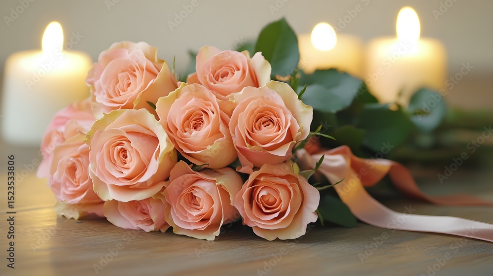 Obraz premium A rose bouquet tied with a satin ribbon placed on a wooden table with soft candlelight in the background