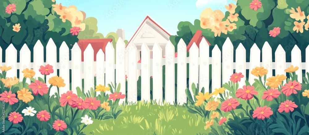 Obraz premium A charming garden scene behind a picket fence on a sunny day.