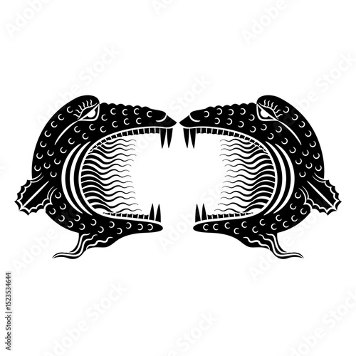 Symmetrical design with two heads of fantastic monsters. Black and white silhouette.