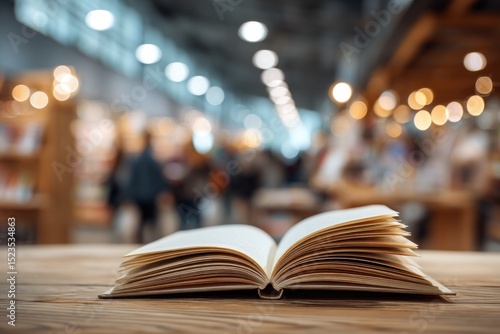 Open book on wooden table, blurred fair background