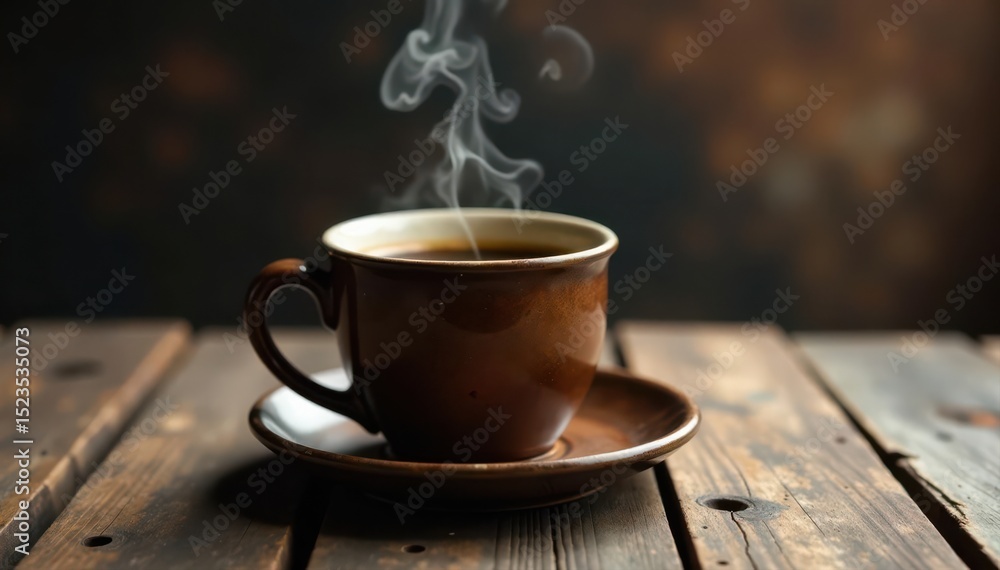 Obraz premium Steam rising from dark coffee in a rustic mug on weathered wood , home, breakfast, kitchen