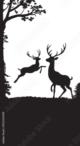Silhouettes of Deer Jumping in a Forest Scene