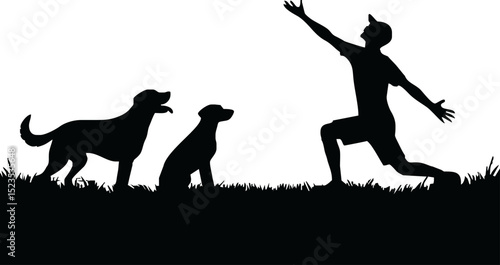 Silhouette of a person throwing ball for dog isolated vector on white background