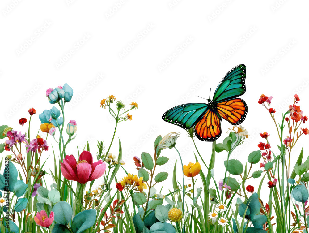 Fototapeta premium Butterflies' Garden: A vibrant butterfly, perched on a delicate flower, flutters amidst a riot of colorful blooms and lush greenery.