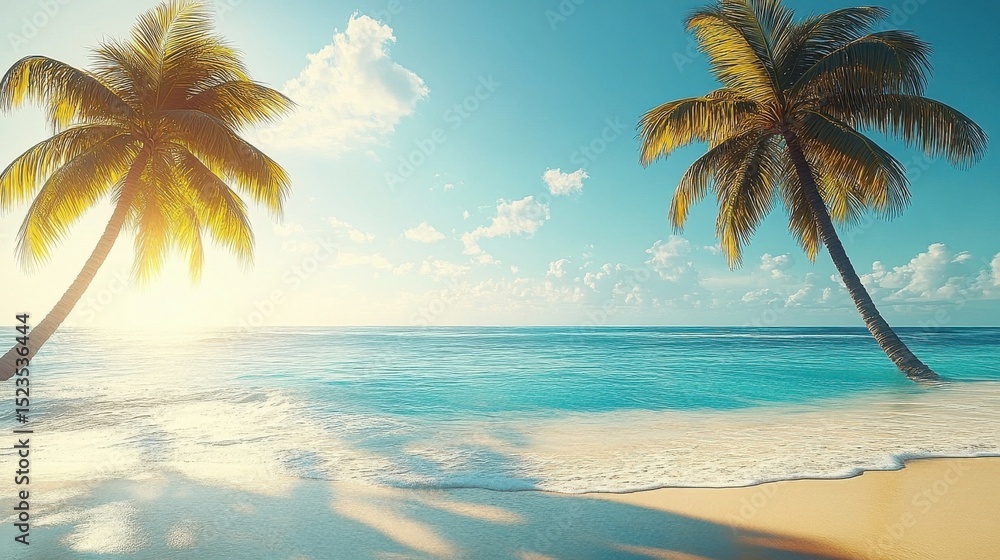 Naklejka premium Tranquil Tropical Beach with Palm Trees Sandy Shore and Clear Blue Sea