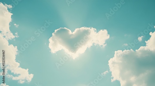 A heart shaped cloud in a clear blue sky with soft sunlight shining through