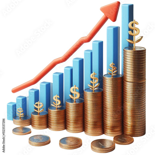3d Bar Graph Growing with gold Coins isolated on white background ,business graph with coins.