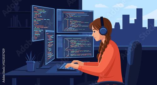Woman coding with multiple monitors and headphones in a city view office environment at her desk