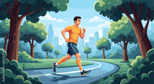 Man jogging on a path in a park with trees and a city skyline in the distance on a sunny day view