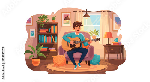 Man playing guitar while sitting in an armchair in a cozy room with a bookcase and window scene