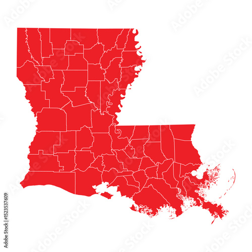 Louisiana Red Administrative Map On White Background Vector