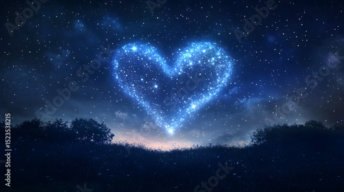 A night sky filled with stars forming the shape of a heart with a gentle glow illuminating the scene
