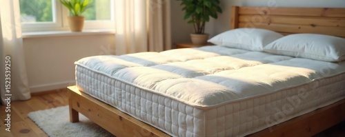 A plush, new mattress sits neatly made on a bedroom frame, sunlight streaming through the window, highlighting the soft texture and inviting comfort , home decor, rest