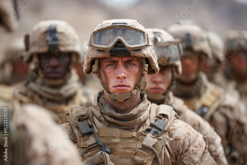 a US Marine in Full Combat Gear, Focused and Determined, with Fellow Marines in the Background.  High-resolution image depicting the serious expression and detailed uniform of a s