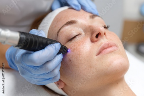 Electrocautery Treatment for Skin Tags: Dermatologist Using Electrosurgical Device on Freckled Face