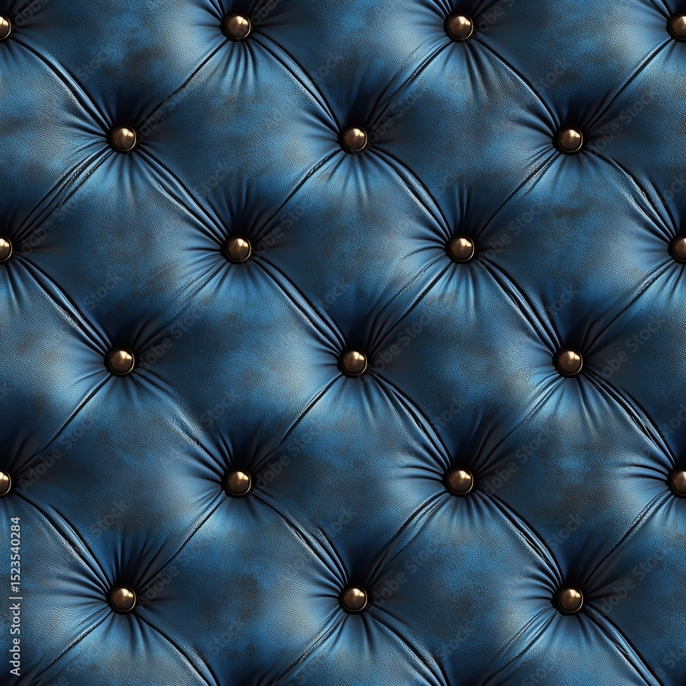 Obraz premium Seamless, luxurious blue leather capitone upholstery with deep button tufting and antique brass nails, creating a classic and elegant texture perfect for backgrounds, furniture, and design projects.