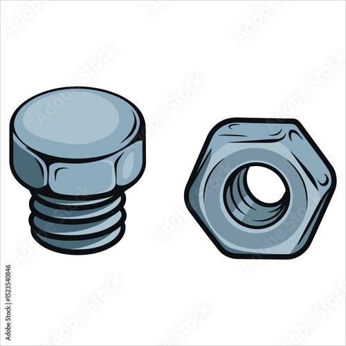 Bolt and nut cartoon vector, isolated on white. Ideal for hardware manuals, mechanic tools, and industrial designs.