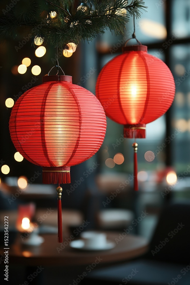 Festive Red Lanterns Hanging in Warm Interior Festive Red Lanterns Hanging in Warm Interior