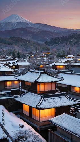 Snow covered japanese village mount fuji sunset