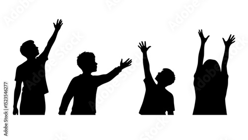 Four silhouetted figures reach upward, isolated on white background, their hopeful gestures suggesting a shared aspiration or plea