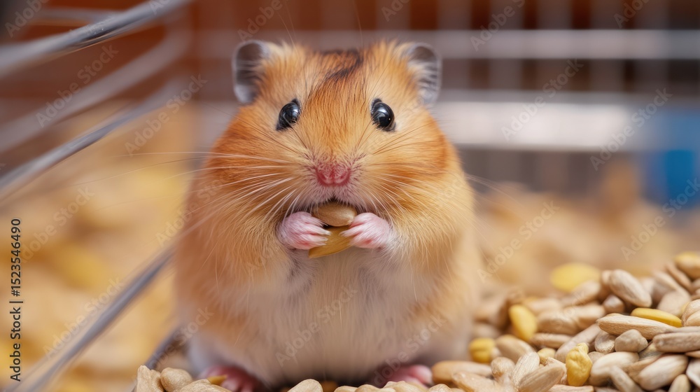A golden hamster happily munches on seeds in its cage. A golden hamster happily munches on seeds in its cage.