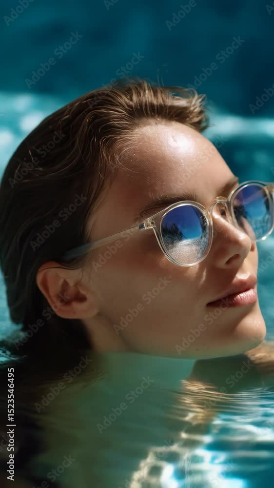 Young woman in a swimming pool wearing sunglasses reflecting a beach scene with clear blue water and sky Young woman in a swimming pool wearing sunglasses reflecting a beach scene with clear blue water and sky
