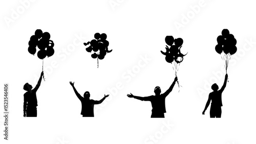 Silhouetted figures, isolated on white background, joyfully release bunches of balloons into the air, a celebration of lightness and freedom