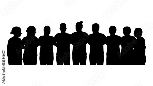 A united group of ten silhouettes stands shoulder to shoulder, isolated on white background