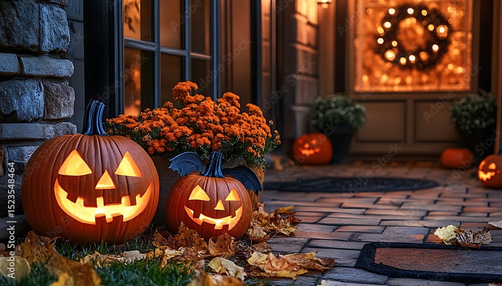 Obraz premium Halloween pumpkins on porch.